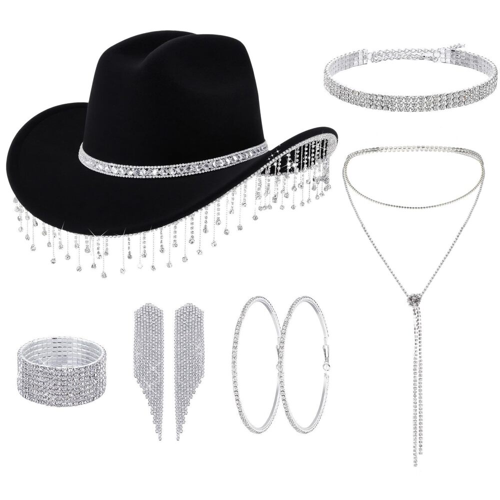 8900 7 Pcs Glitter Cowgirl Hat Rhinestone Jewelry Set, Cowboy Costume